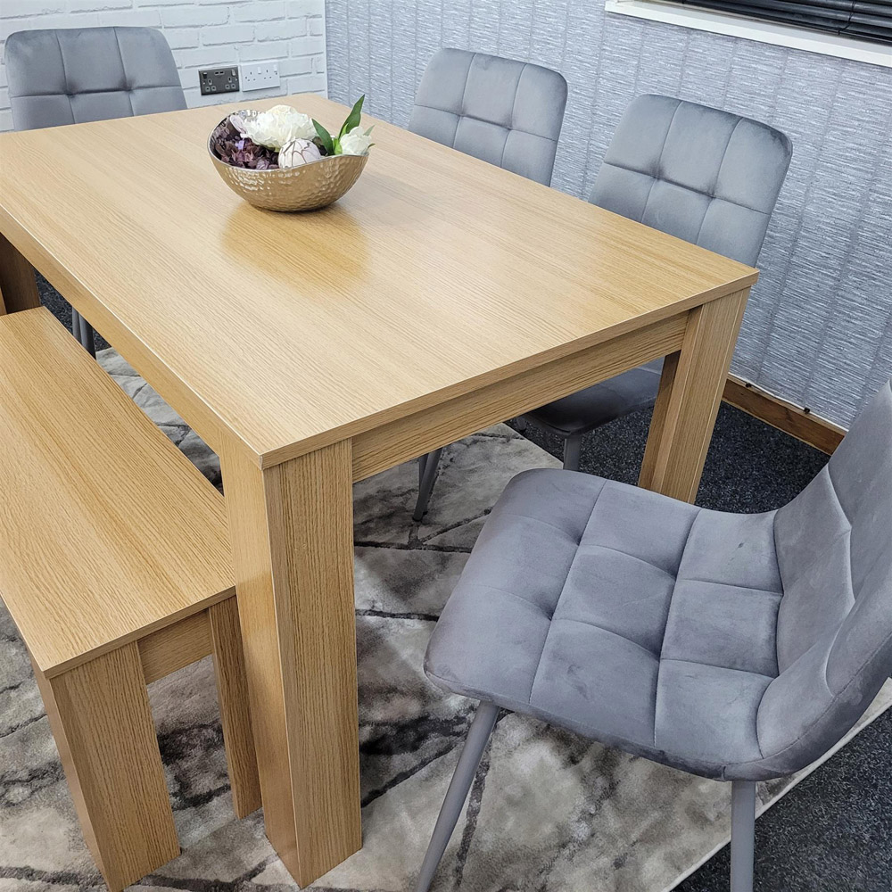 Portland 6 Seater Square Velvet Dining Table Set Oak Effect and Grey Image 4