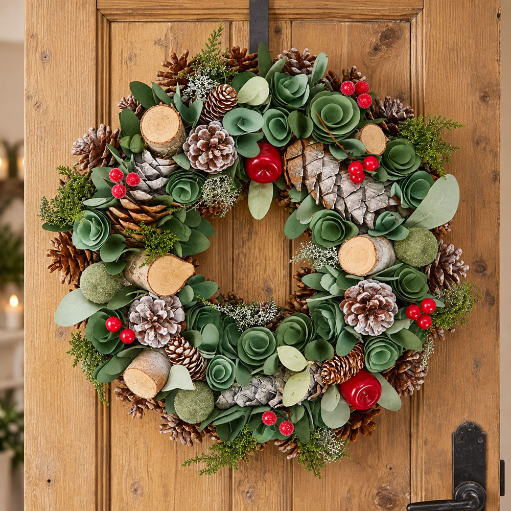 Neo Wooden Accent Artificial Christmas Wreath with Berries and Pine Cones 50cm Image 3