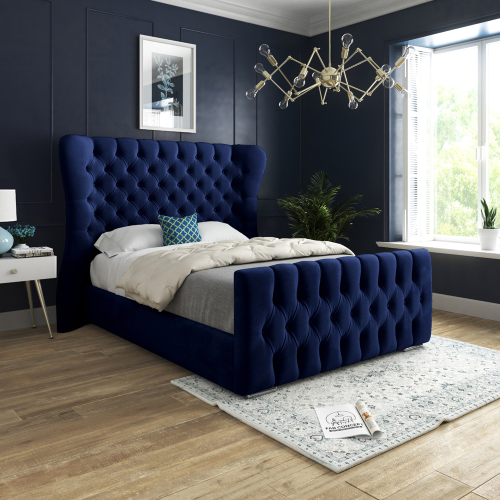 Parma King Size Blue Soft Velvet Upholstered Bed Frame with Curved Winged Headboard Image 5