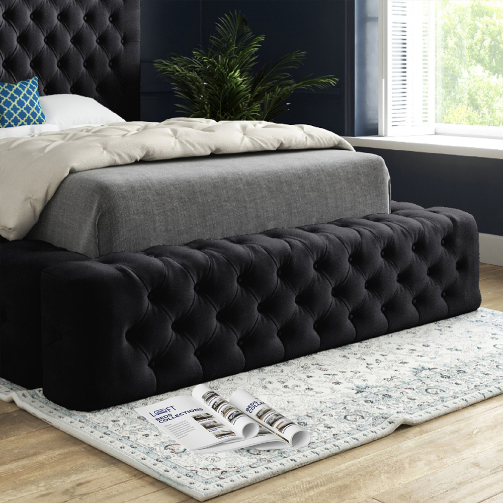 Grand Milan Black King Size Upholstered Bed Frame with Pleated Chesterfield Headboard Image 4