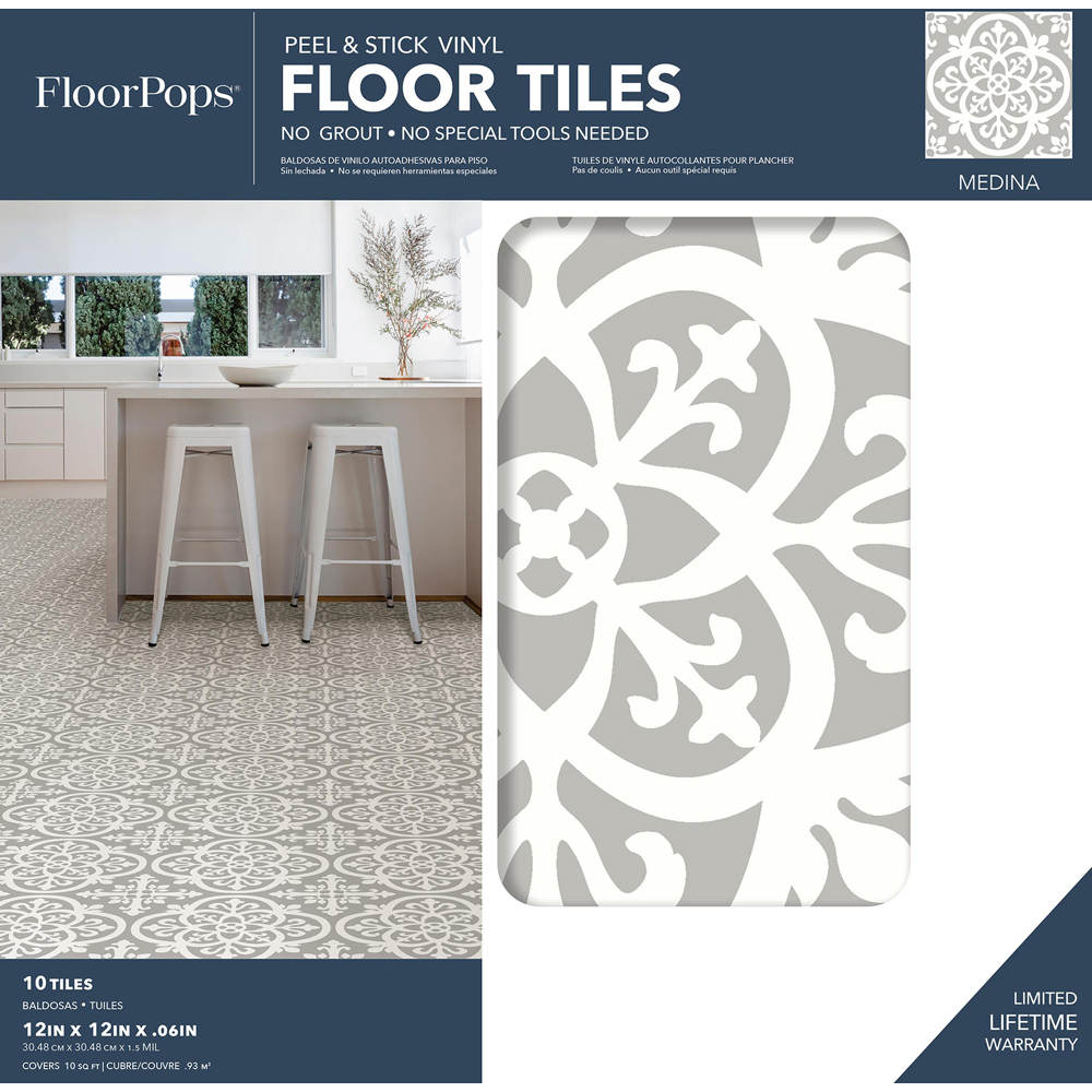 Floorpops Medina Light Grey and White Peel and Stick Floor Tile 30.48 x 30.48cm 10 Pack Image 7