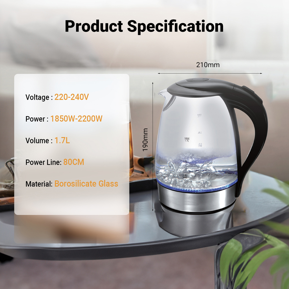 ExtraStar NHHB1748 1.7L Borosilicate Glass Cordless Electric Kettle with LED Indicator Light Image 5