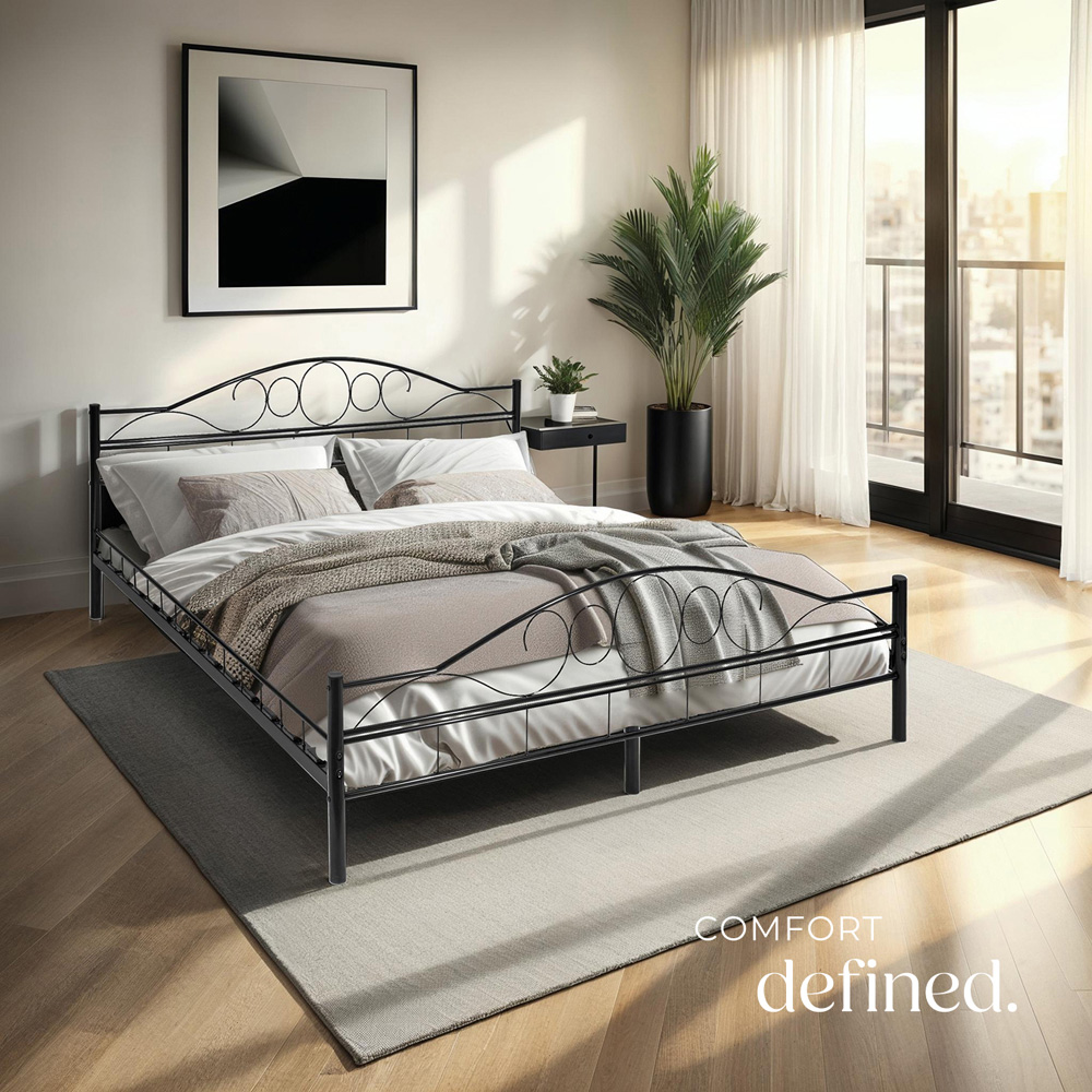 tectake King Size Black Metal Bed Frame with Slatted Base Image 3