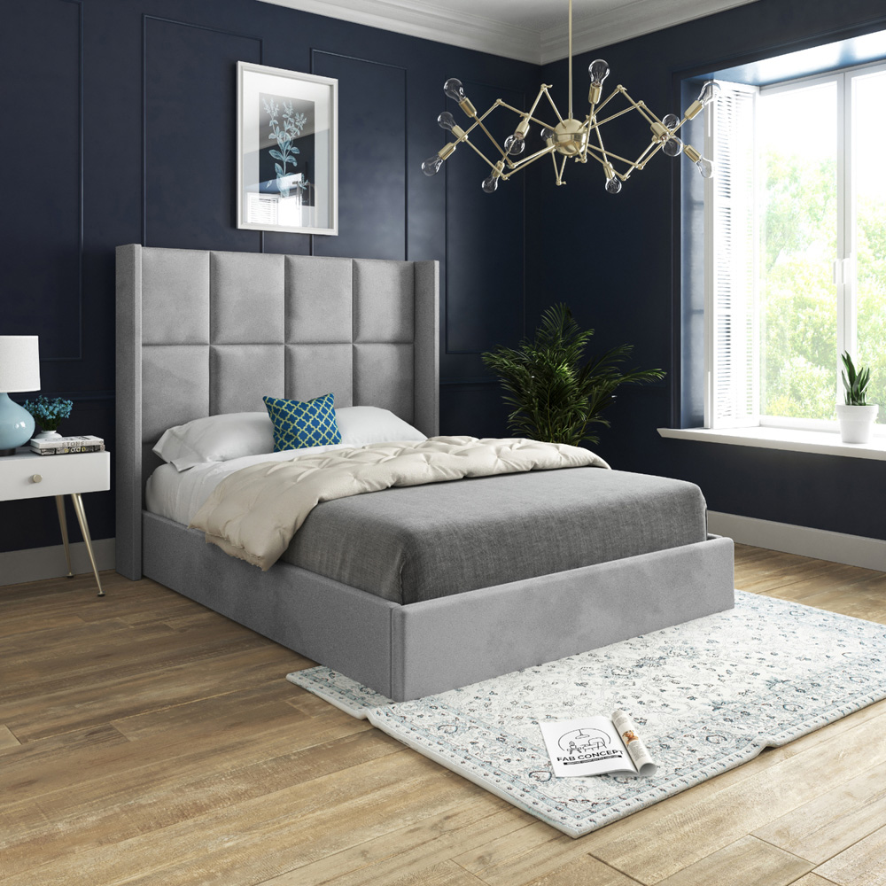 Quanta Small Single Grey Soft Velvet Upholstered Bed Frame with Straight Winged Headboard Image 5