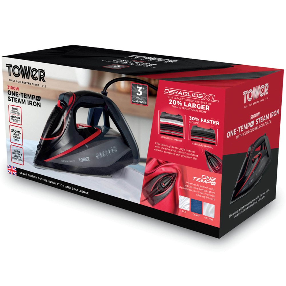 Tower Red and Black One Temp Steam Iron with Extra Large Sole Plate Image 2