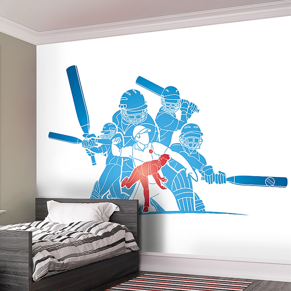 Origin Murals Cricket Players Blue Wall Mural Image 1