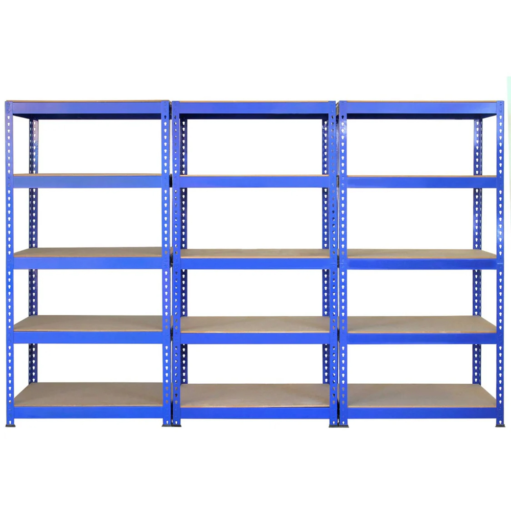 MonsterShop Q-Rax 5 Shelf Blue Metal Racking Unit 3 Pack with Workbench and Mallet Image 2