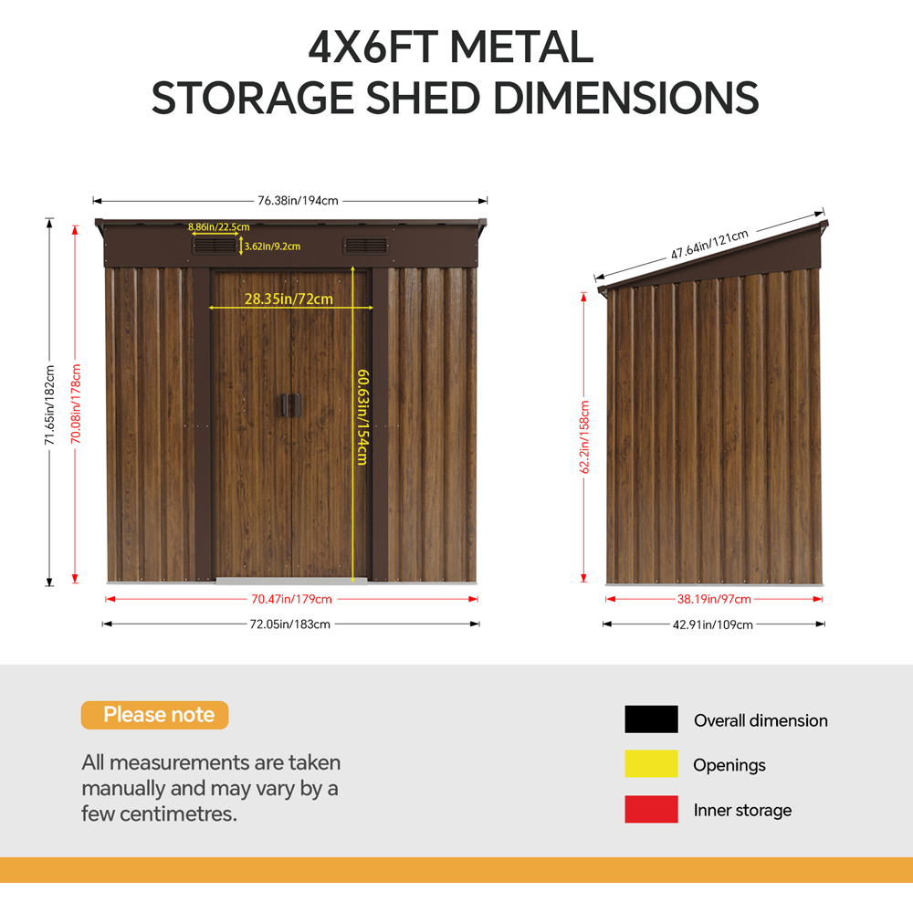 Living and Home 4 x 6ft Brown Wood-Grain Finish Metal Pent Garden Tool Shed Image 8