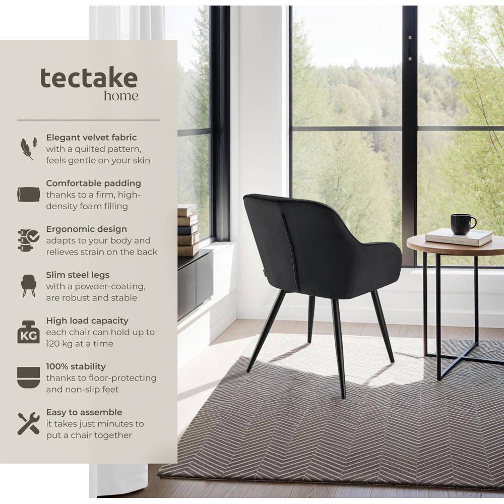 tectake Marilyn Set of 2 Black Velvet Quilted Dining Chair with Armrest Image 6