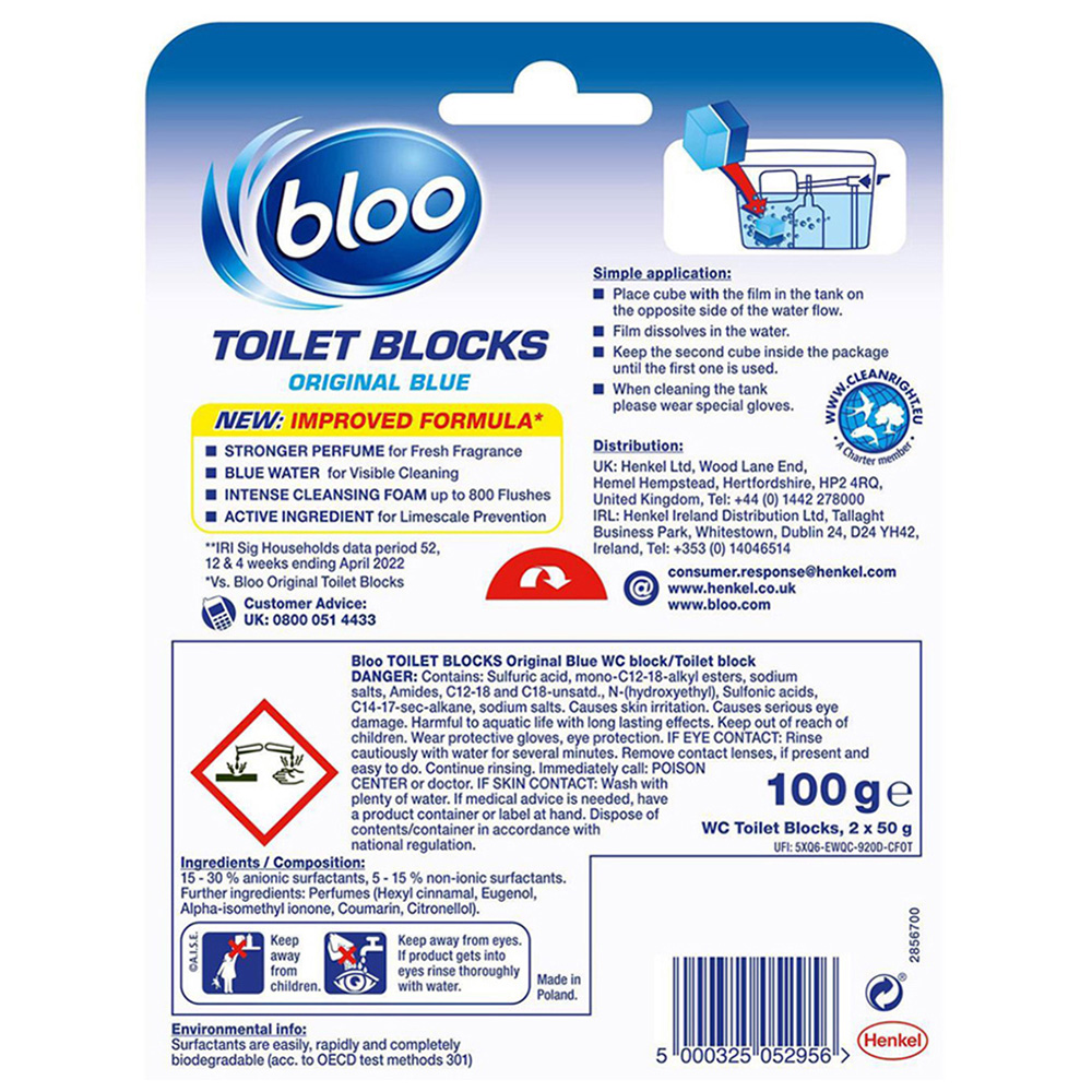 Bloo Clean+ Fresh 2 in 1 Original Blue Foam Toilet Rim Block 14 Pack Image 3