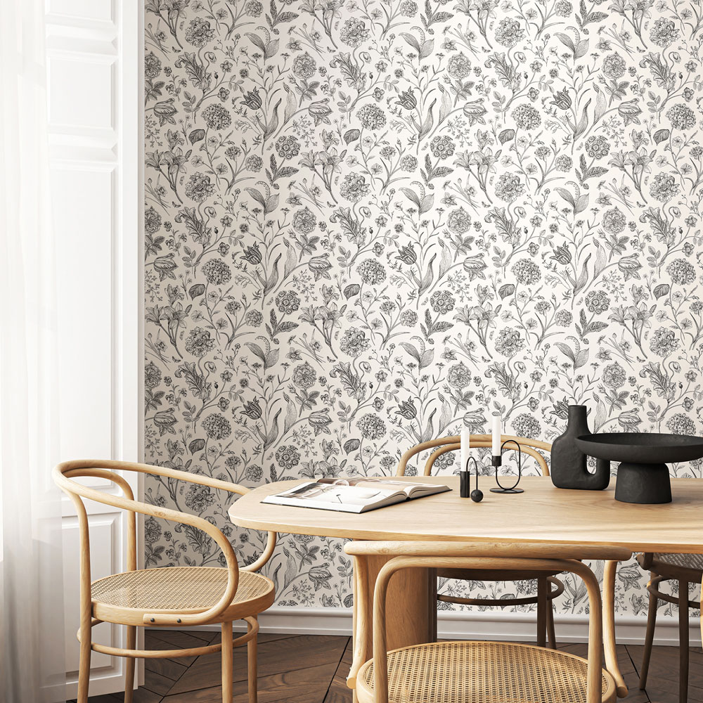 Hoopla Walls Purity Floral Toile Black Wallpaper Image 2