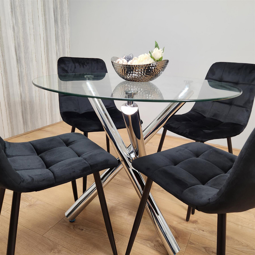 Portland 4 Seater Velvet Clear Glass Round Dining Set Black Image 5