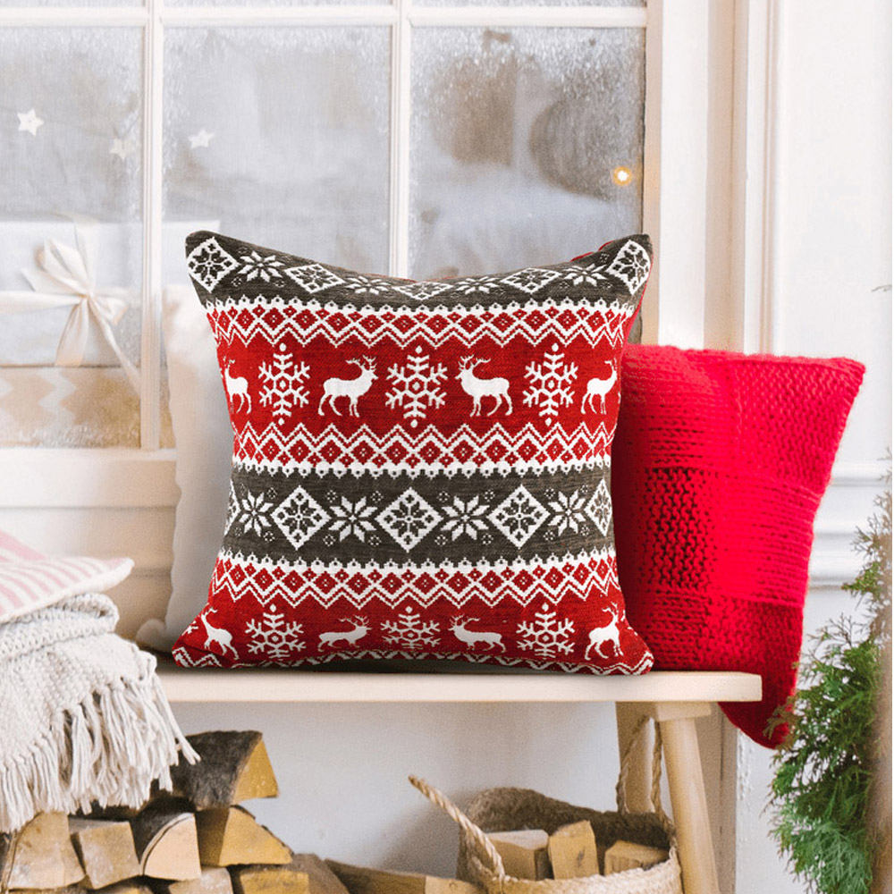 Noel Square Red and Grey Nordic Cotton Chenille Cushion Image 2