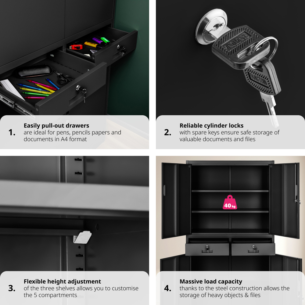 tectake Cosmo 4 Door 2 Drawer Black Lockable Filing Cabinet Image 4