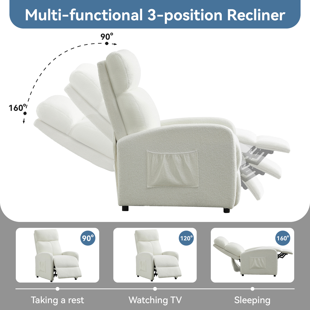 Teddy Fabric Cream and White Recliner Pushback Adjustable Arm Chair Image 7