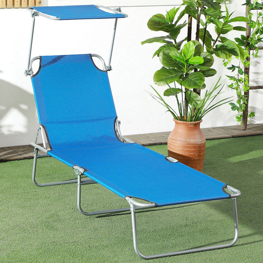 Outsunny Bright Blue Adjustable Folding Sun Lounger with Canopy Image 1