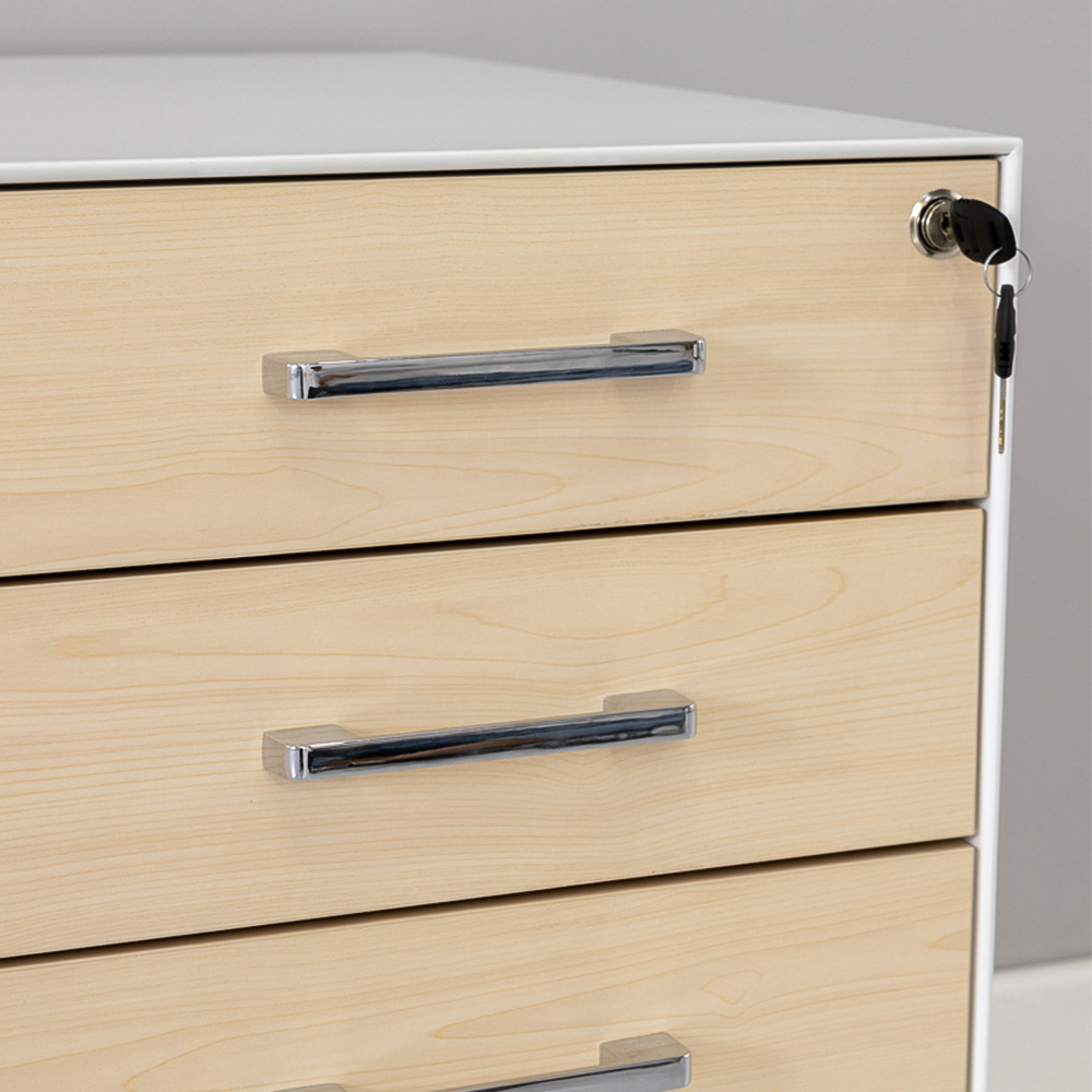 MMT Furniture Designs 3 Drawer White and Beech Mobile Pedestal Under Desk Storage Cabinet Image 2
