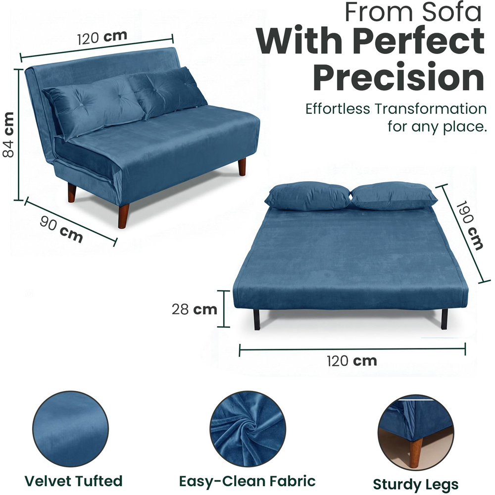 Portland 2 Seater Blue Velvet Sofa Bed Image 8