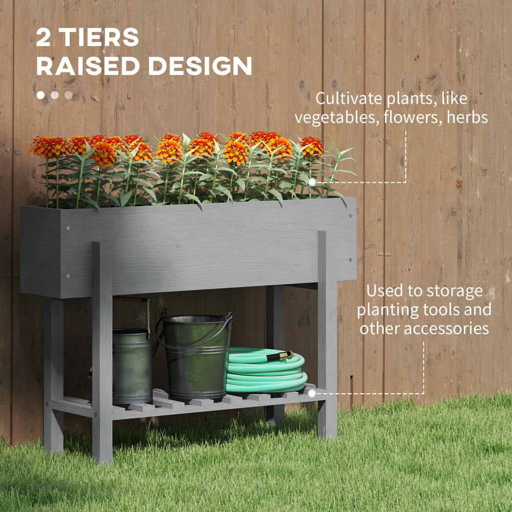 Outsunny Grey Wooden Raised Garden Bed with Bed Liner and Storage Shelf Image 8