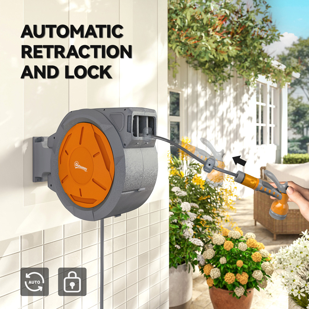 Outsunny Orange Wall Mounted Retractable Hose Reel with Lock Image 6