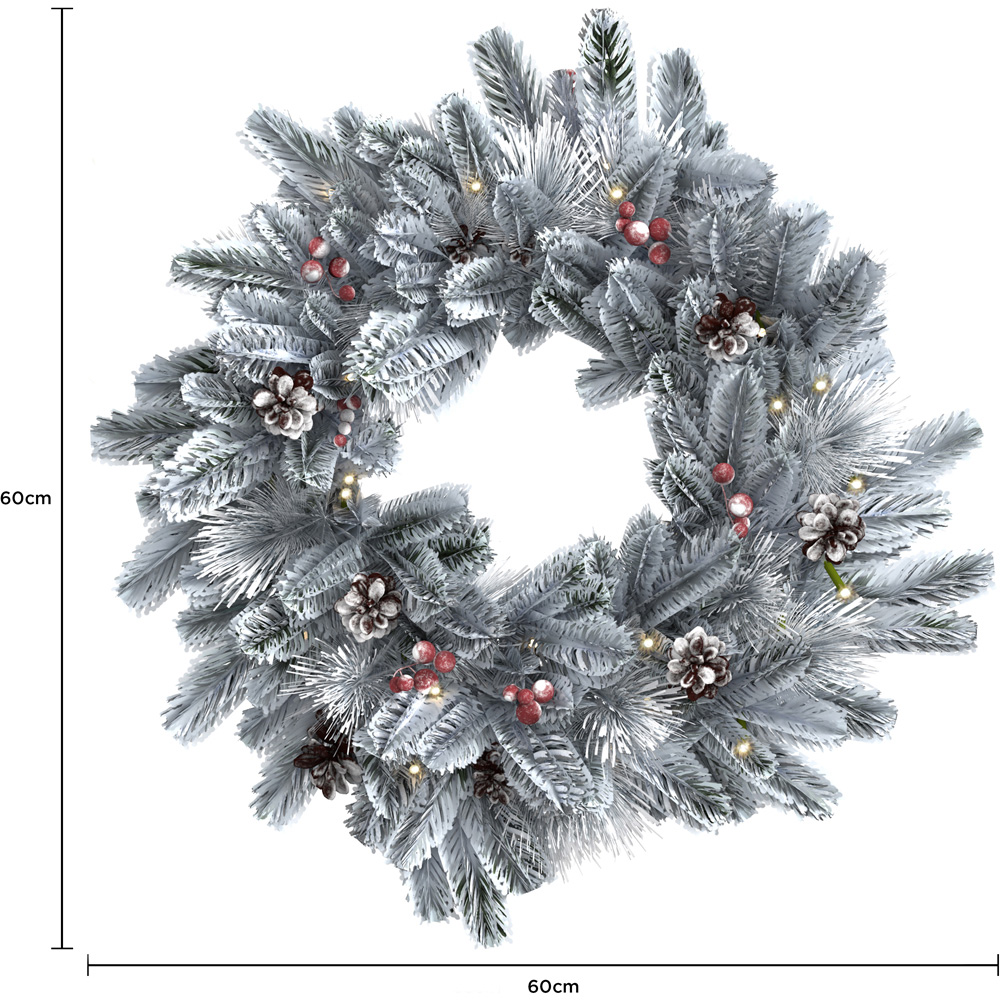Charles Bentley Pre-Lit Snowy Christmas Wreath with Red Berry and Pinecone 60cm Image 5