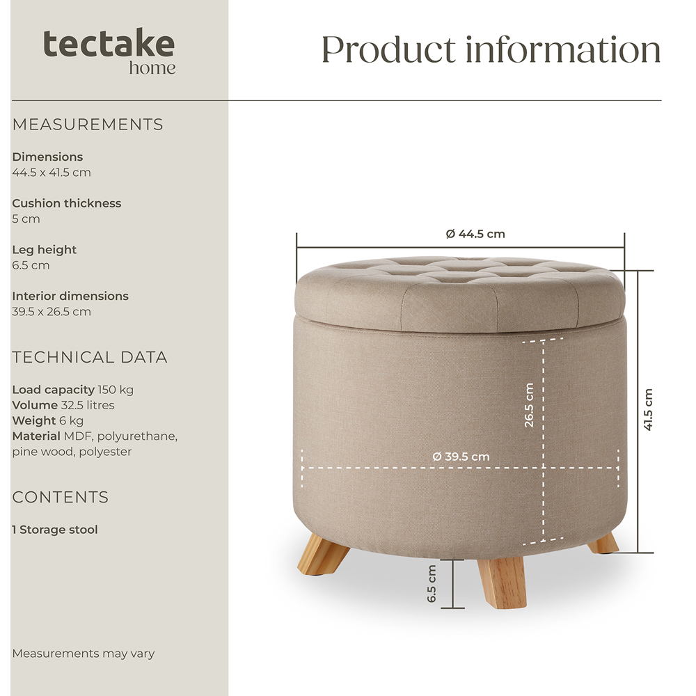 tectake Suna Sand Linen Look Padded Round Stool with Storage Image 9