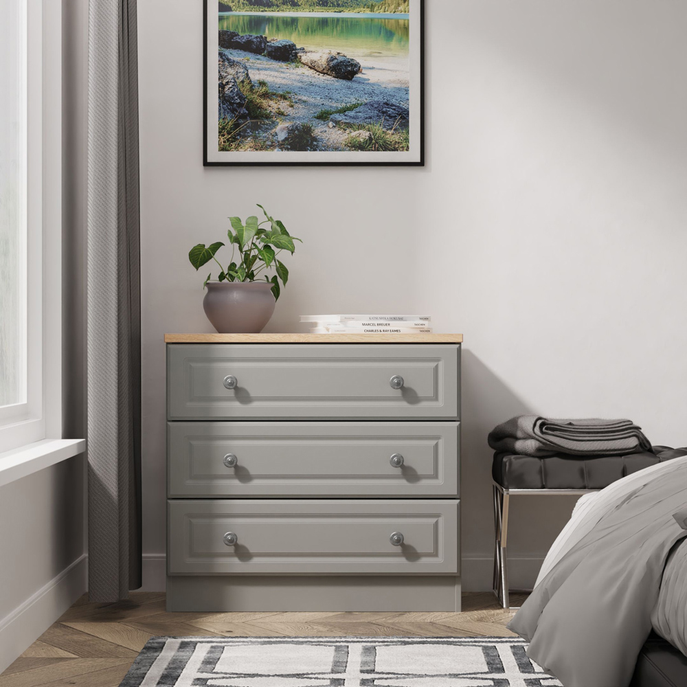 Crowndale Norfolk 3 Drawer Dusk Grey and Bardolino Oak Chest of Drawers Ready Assembled Image 7