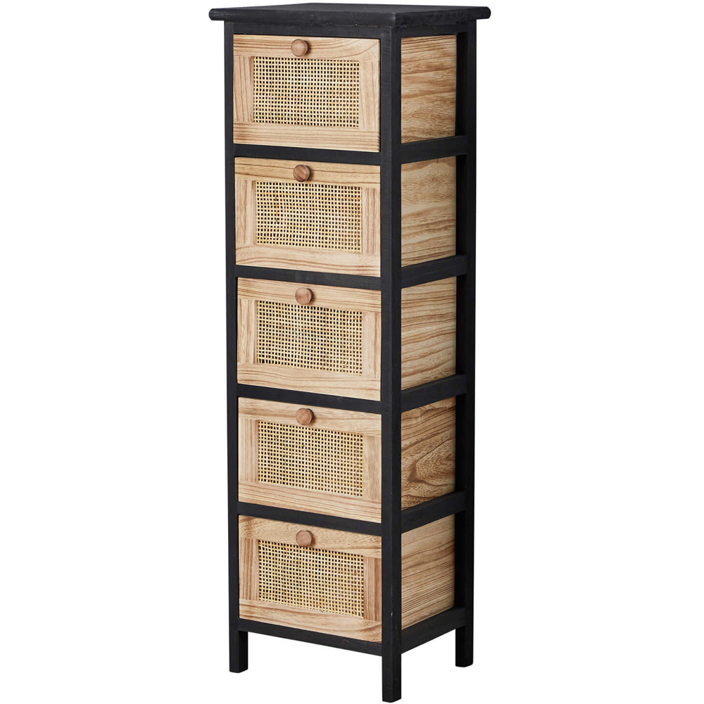 Home Source Mosina 5 Drawer Black and Rattan Solid Wooden Storage Unit Image 2