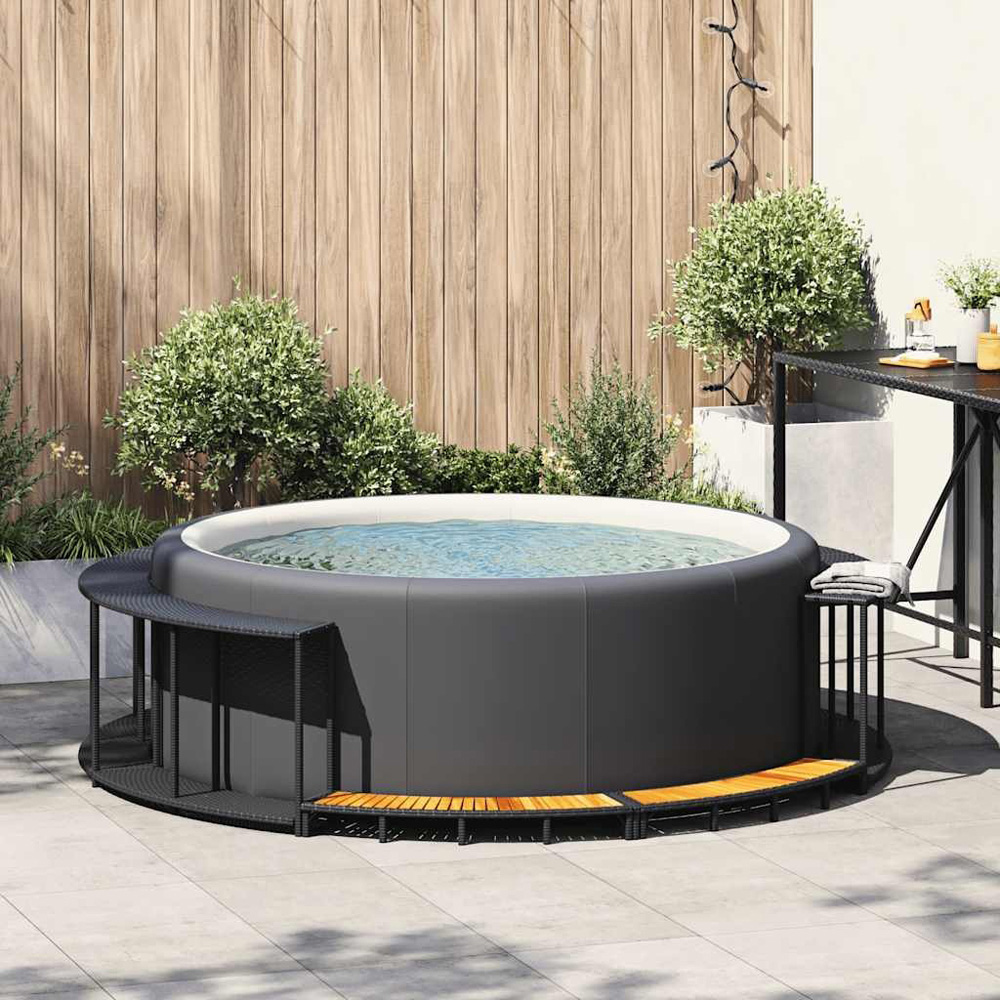 Walplus Black Poly Rattan Hot Tub Surround with Storage and Wooden Step Image 2