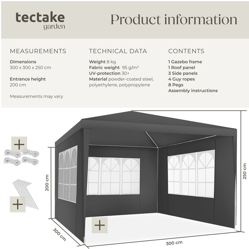 tectake Barinas 3 x 3m Grey Water Resistant Gazebo with 3 Side Panels Image 9