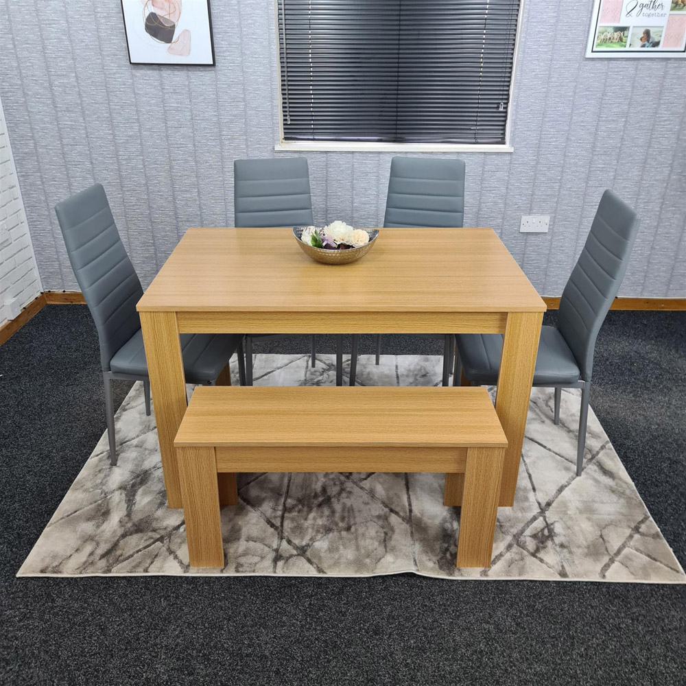Portland 6 Seater Square Leather Dining Table Set Oak Effect and Grey Image 4