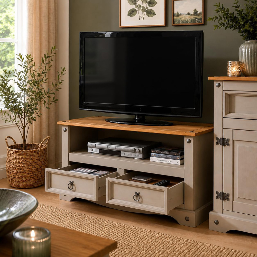 Mews Corona Grey Waxed Pine Mexican Style 2 Door Single Shelf Flat Screen TV Stand Image 7
