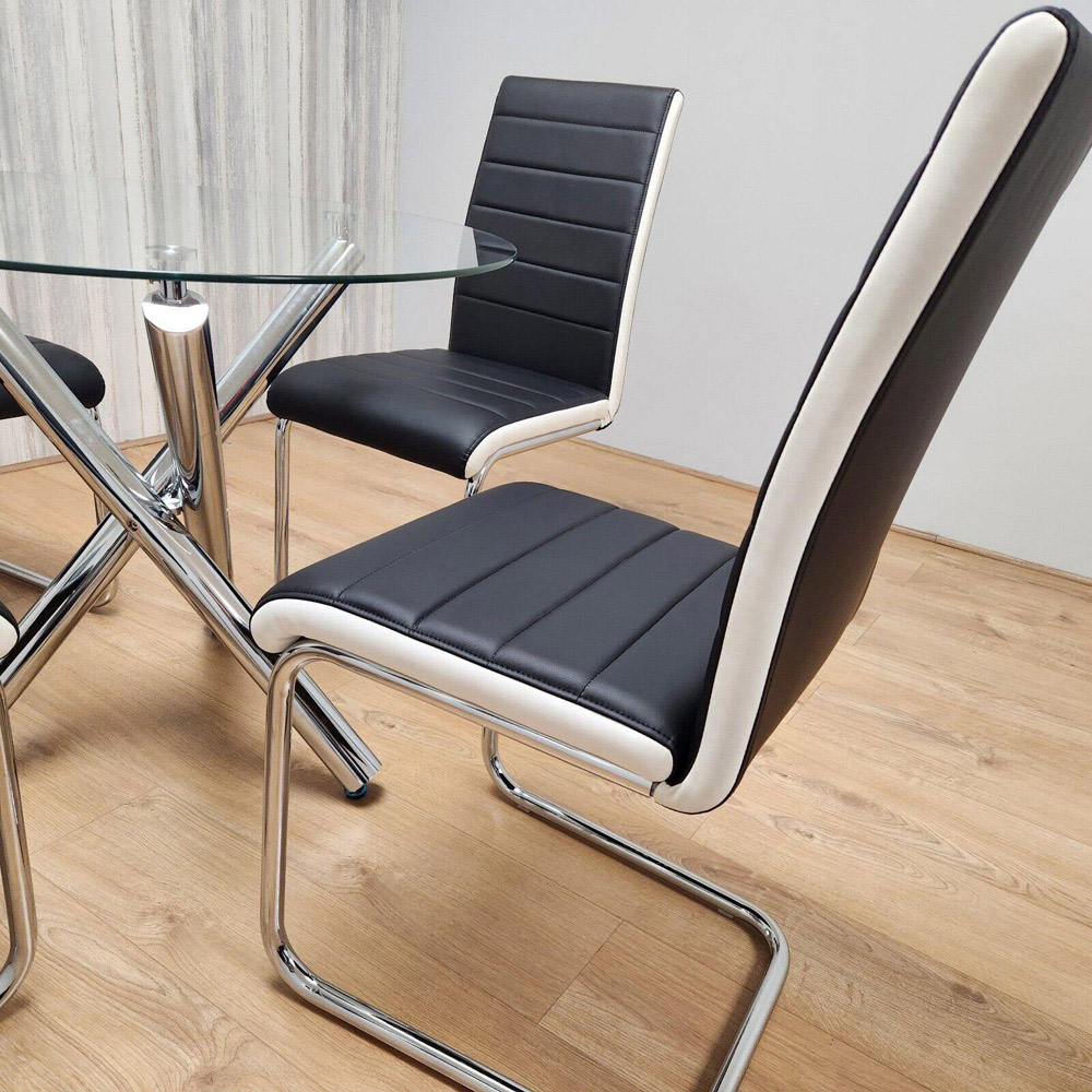 Portland 4 Seater Leather Clear Glass Round Dining Set Black and White Image 6