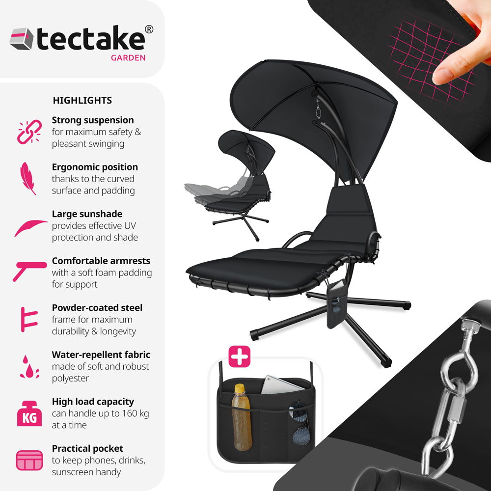tectake Elaria Black Large UV Protection Sun Canopy Hanging Chair Image 6
