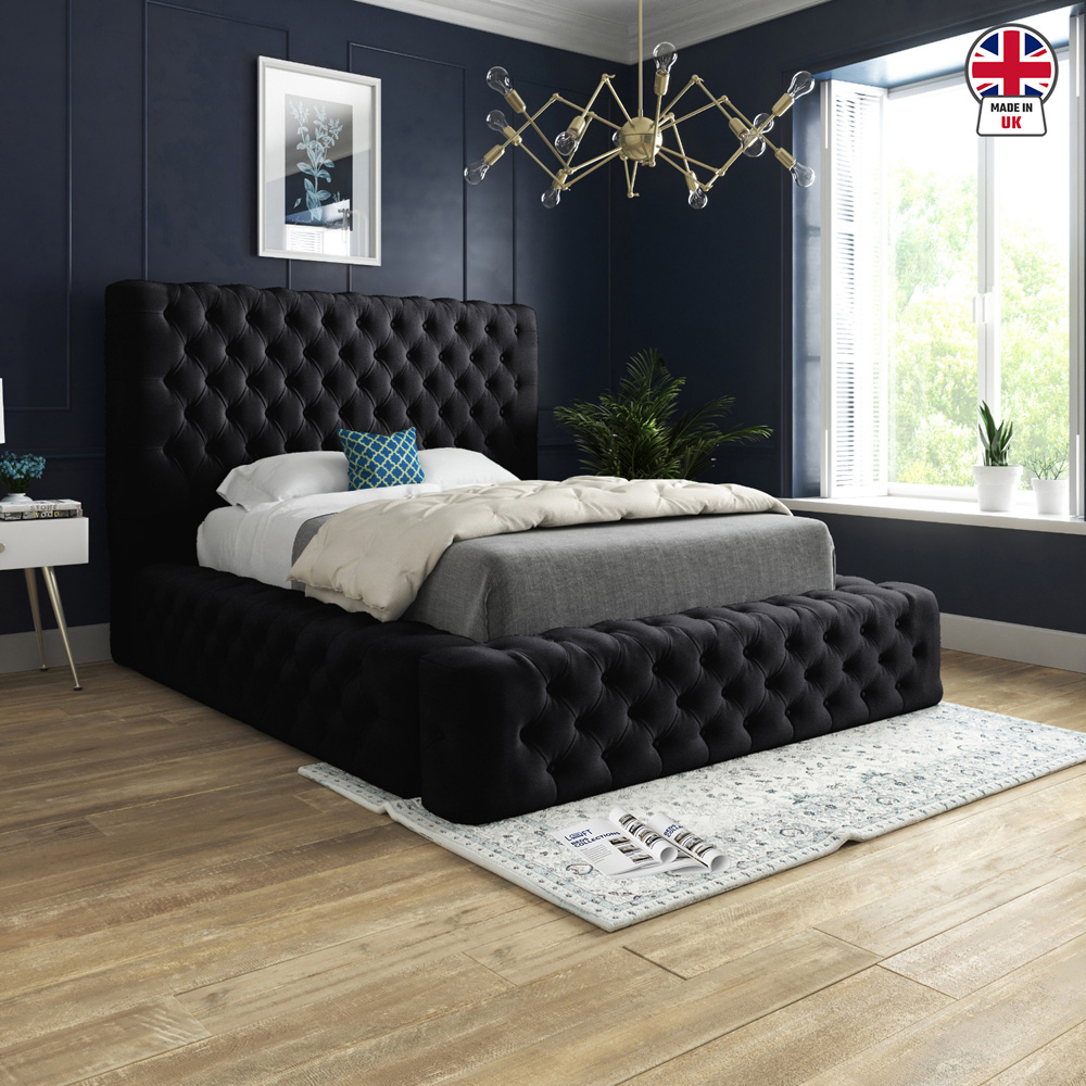 Grand Milan Black Small Double Upholstered Bed Frame with Pleated Chesterfield Headboard Image 6