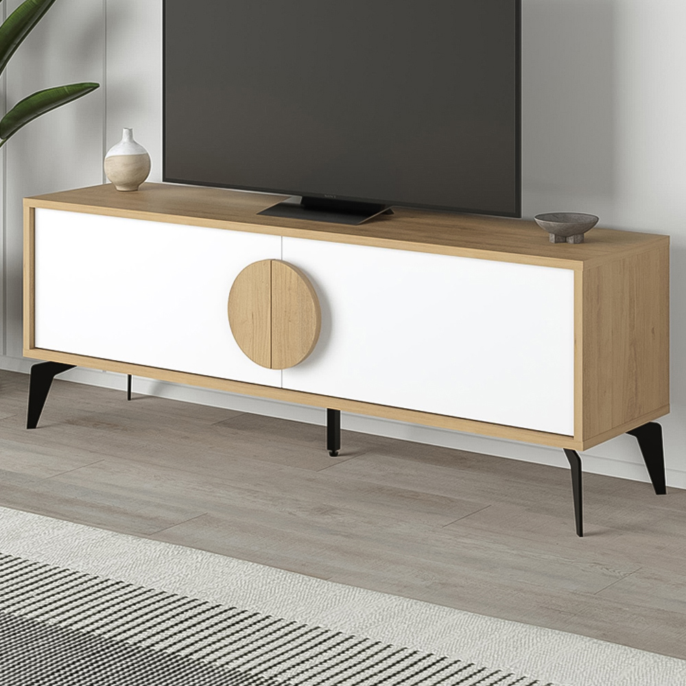 Decortie Gora 2 Door Oak and White TV Unit with Circle Handle Image 1