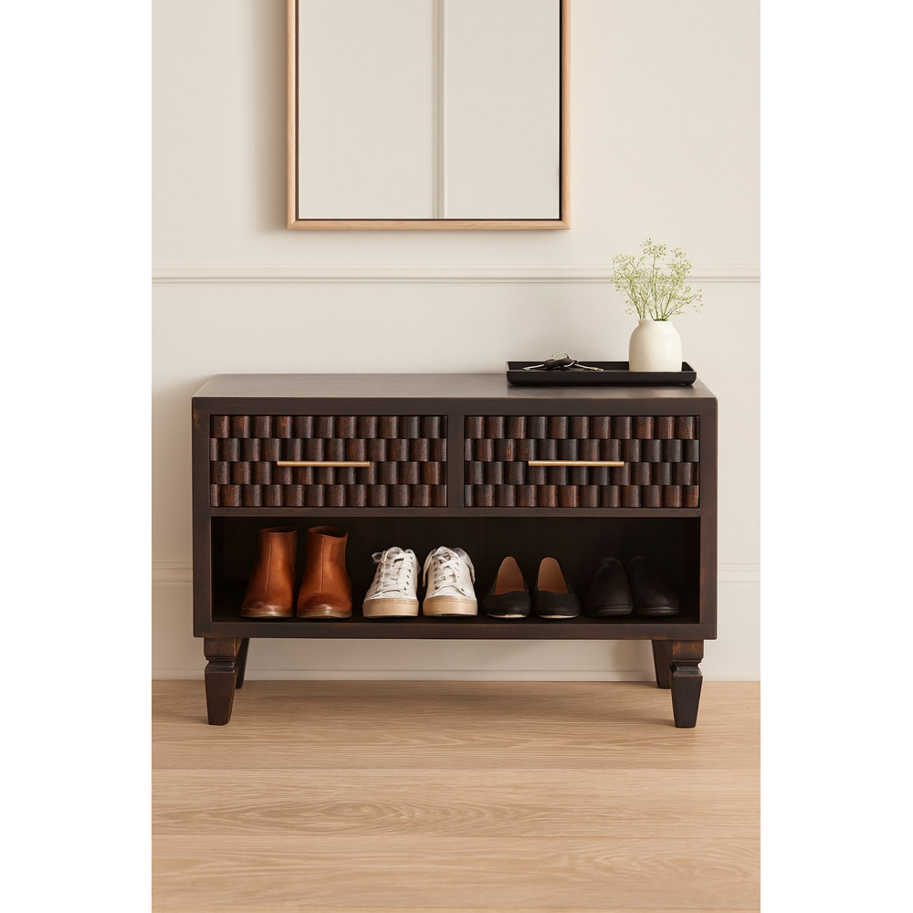 Artisan Furniture Cadiz Carved Velvet Mocha 2 Drawer Single Shelf  Mango Wood Shoe Storage Bench Image 7