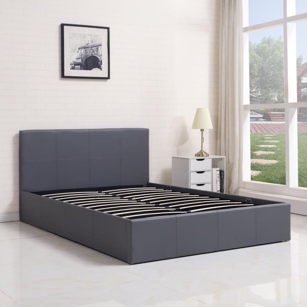 Portland Single Grey Leather Ottoman Bed with Mattress Image 2