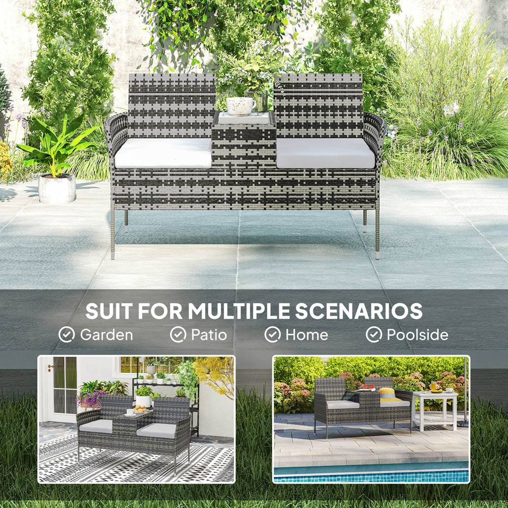 Outsunny 2 Seater Charcoal Grey Rattan Garden Bench with Glass Table Image 6