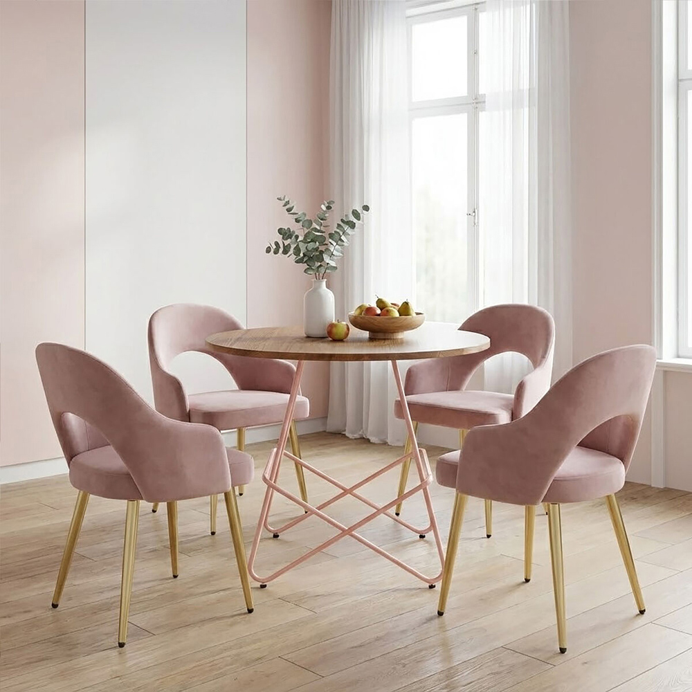 Premier Housewares 4 Seater Metal Round Dining Table with Elm Wood Tabletop Pink Image 6