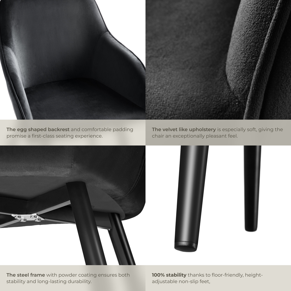 tectake Marilyn Black Velvet Look Padded Dining Chair Image 5