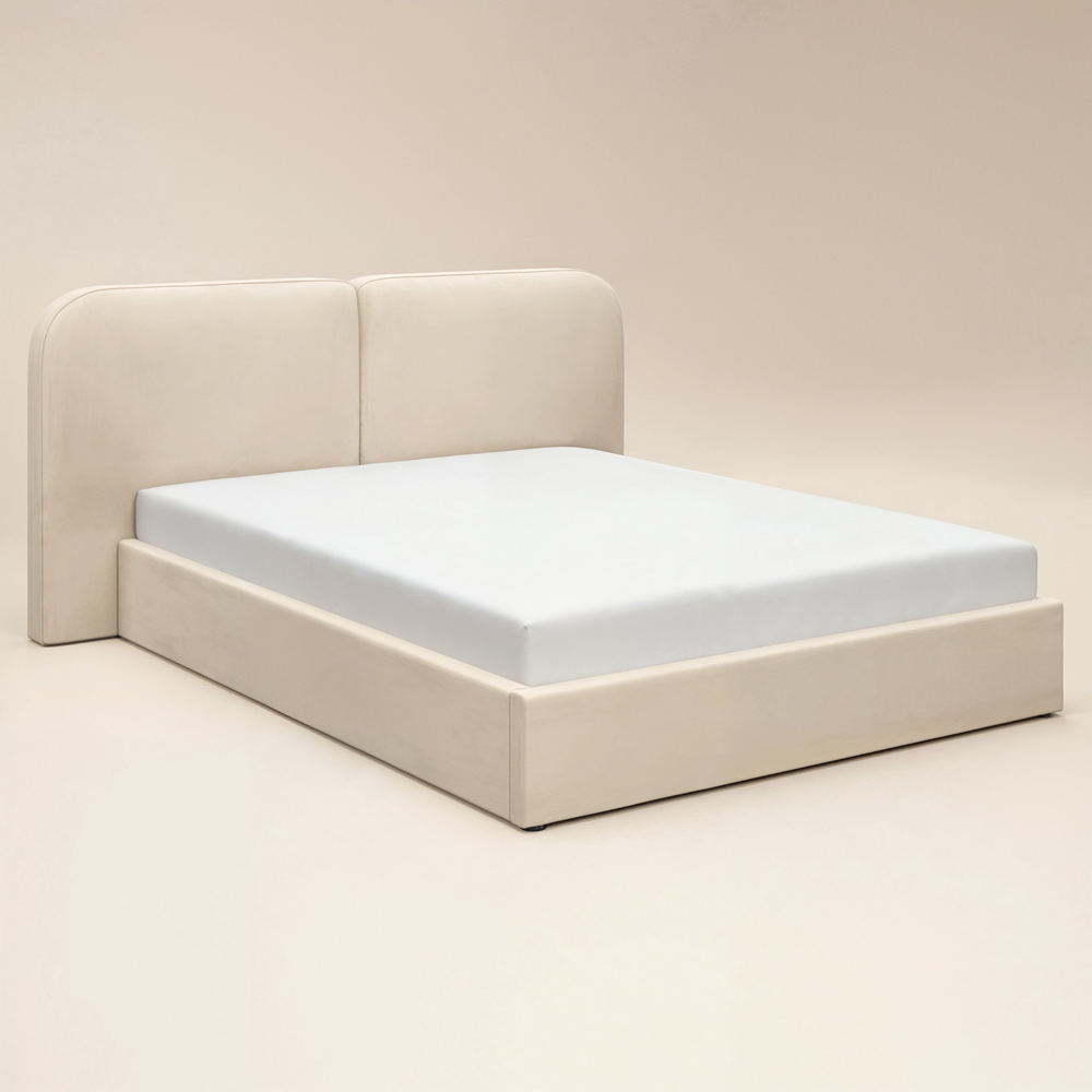 Solace+Co Lena Double Beige Velvet Ottoman Bed Image 2