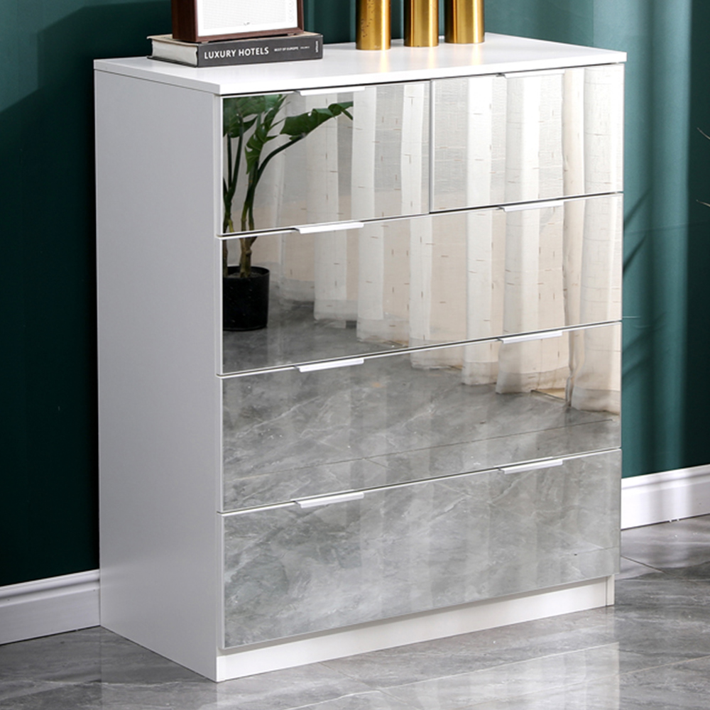 Portland Mirror 5 Drawer Wooden Chest of Drawers Image 1