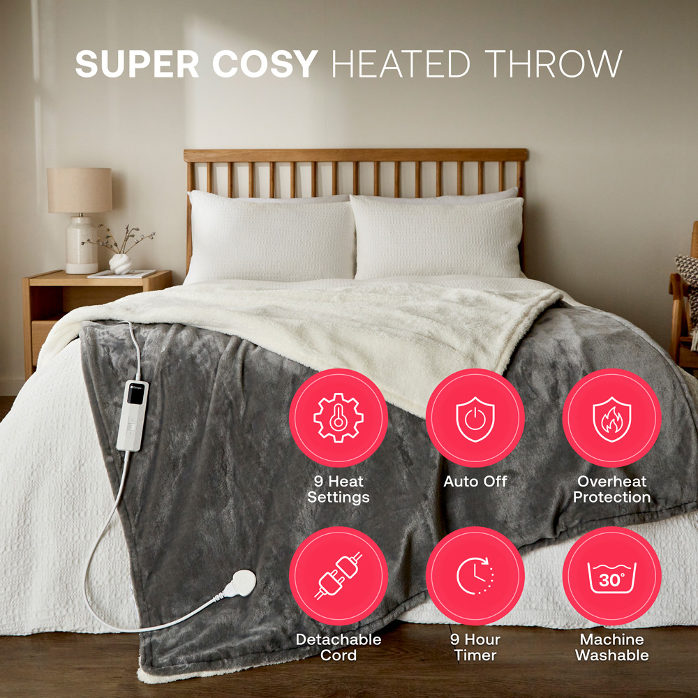 Dimplex Super Cosy Grey and White Sherpa Fleece Heated Throw 130 x 180cm Image 8