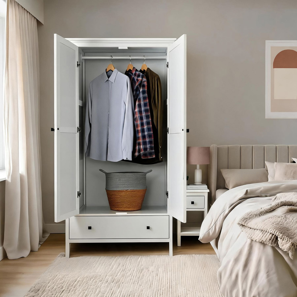 Home Source Belle Vue 2 Door Single Drawer White Wardrobe with Hanging Rail Image 8