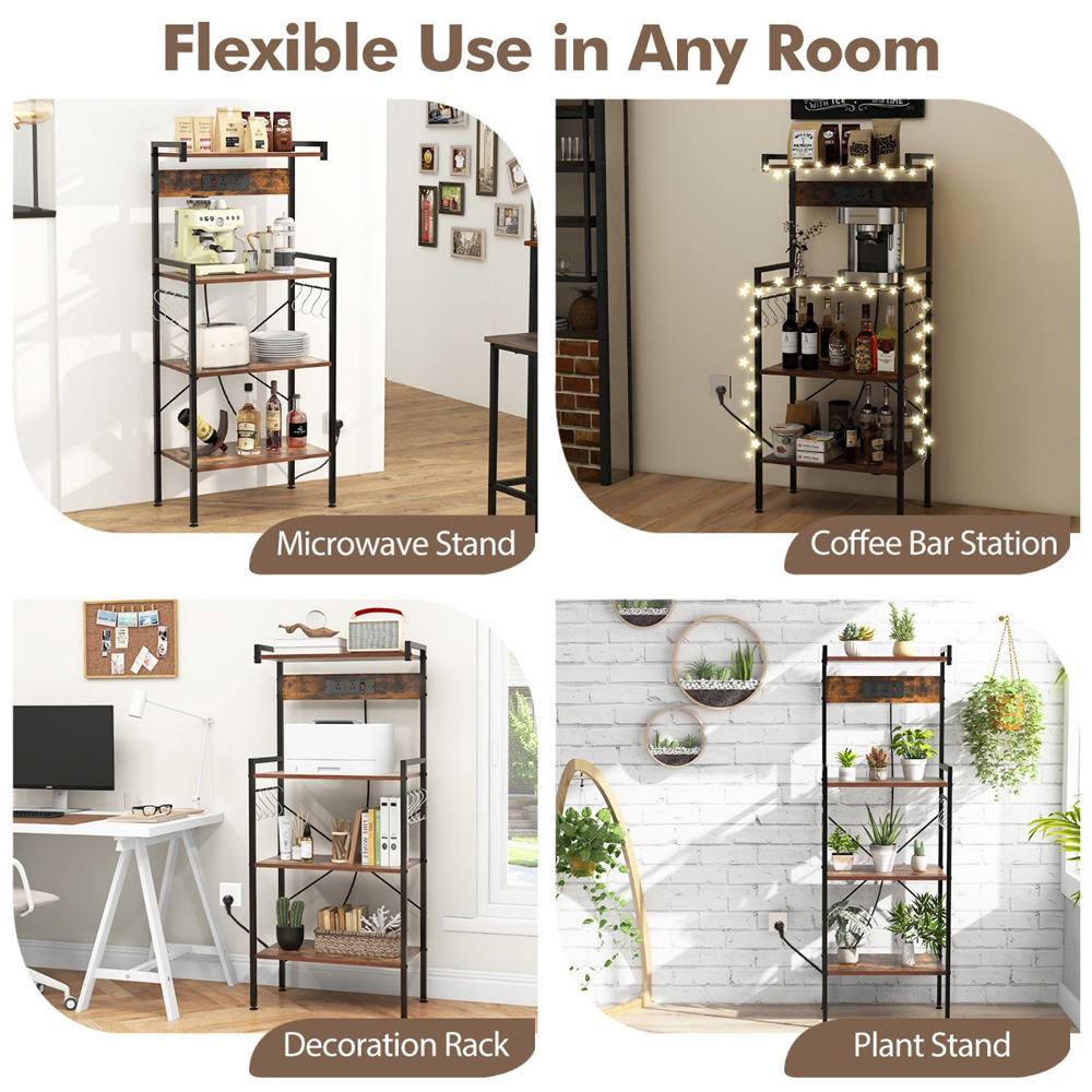 Costway 4 Tier Rustic Brown Kitchen Bakers Rack with Power Outlet and S Hooks Image 7