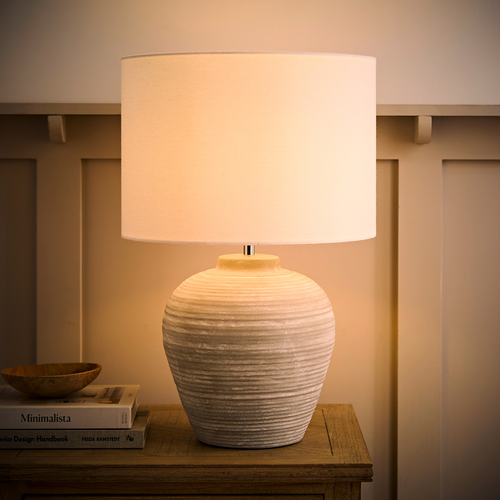 ValueLights Reid Linen Drum Lamp Shade Stone Grey Ribbed Ceramic Large LED Table Lamp Image 2