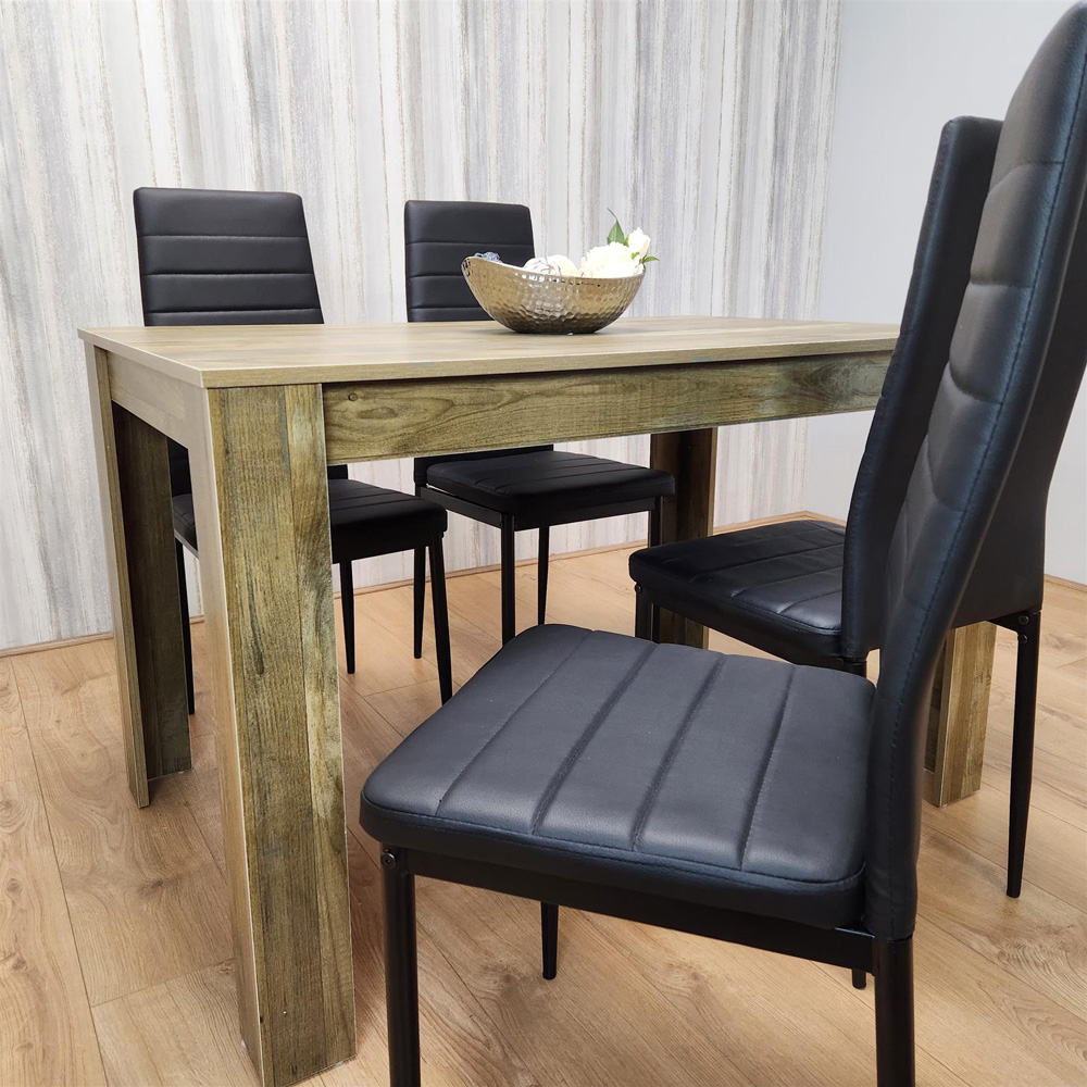 Portland 4 Seater Dining Set Rustic Effect and Black Leather Image 2
