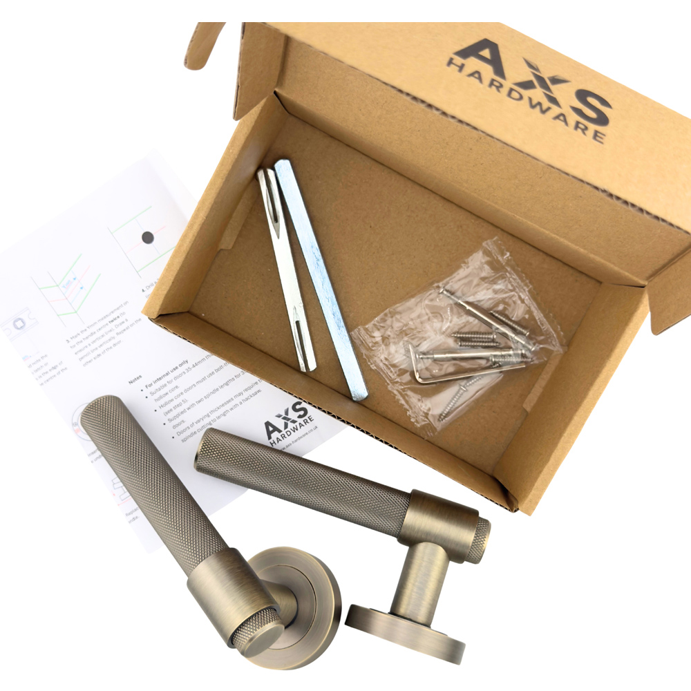 AXS Hardware Dakota Antique Brass Knurled Bathroom Door Handles on Rose 2 Pack Image 7