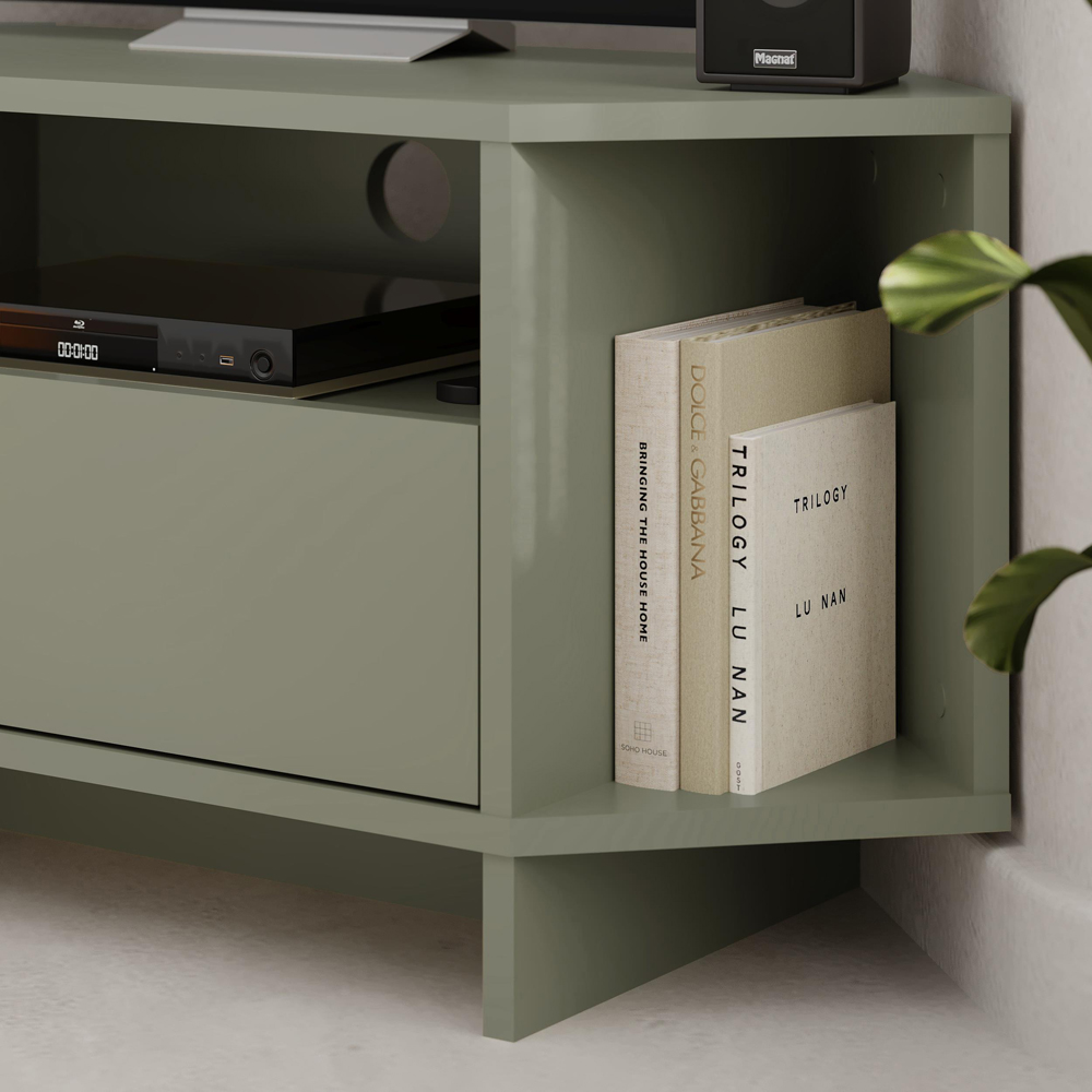Decortie Viva 3 Shelf Single Cabinet Ash Green Finish Modern Corner TV Stand Image 3